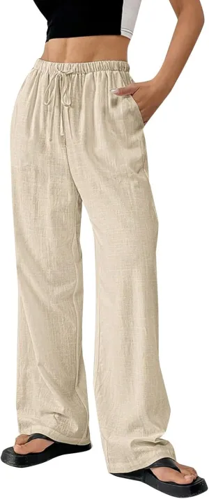 Women's Cotton Linen Straight Leg Pants Elastic Drawstring Lightweight Trousers with Pockets Summer Beach Lounge Pant