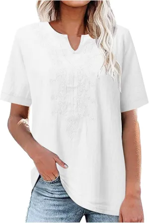 Women's Embroidered Blouse Cotton Linen Short Sleeve Peasant Boho Tunic Tops Casual Notch V Neck Loose Fit T-Shirts