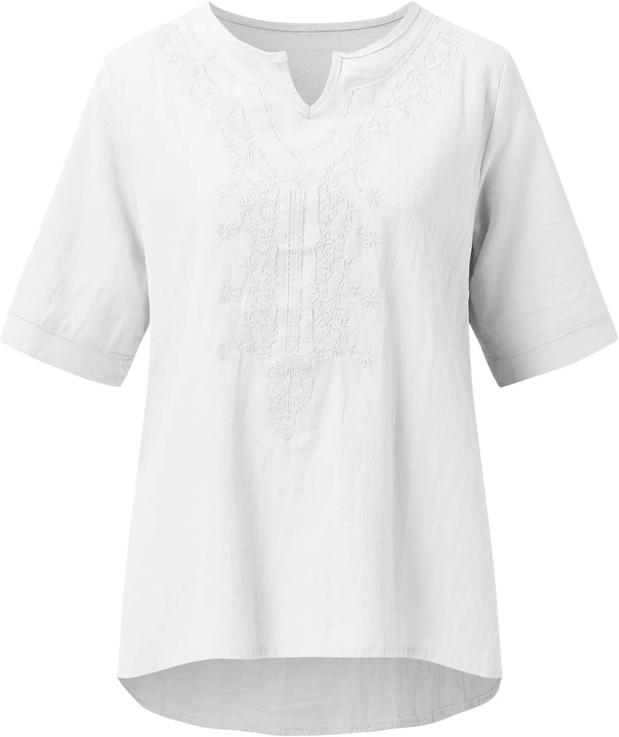 Women's Embroidered Blouse Cotton Linen Short Sleeve Peasant Boho Tunic Tops Casual Notch V Neck Loose Fit T-Shirts