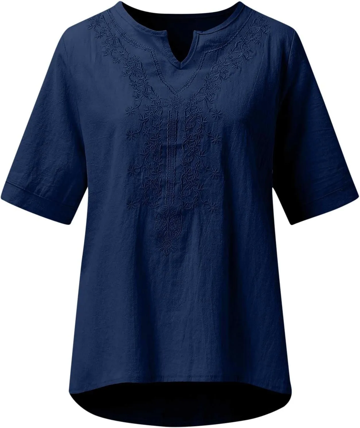Women's Embroidered Blouse Cotton Linen Short Sleeve Peasant Boho Tunic Tops Casual Notch V Neck Loose Fit T-Shirts