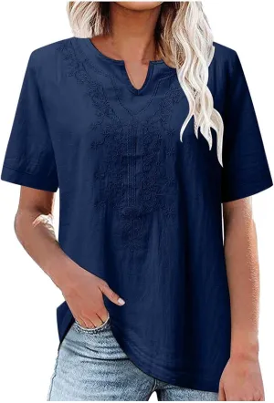 Women's Embroidered Blouse Cotton Linen Short Sleeve Peasant Boho Tunic Tops Casual Notch V Neck Loose Fit T-Shirts