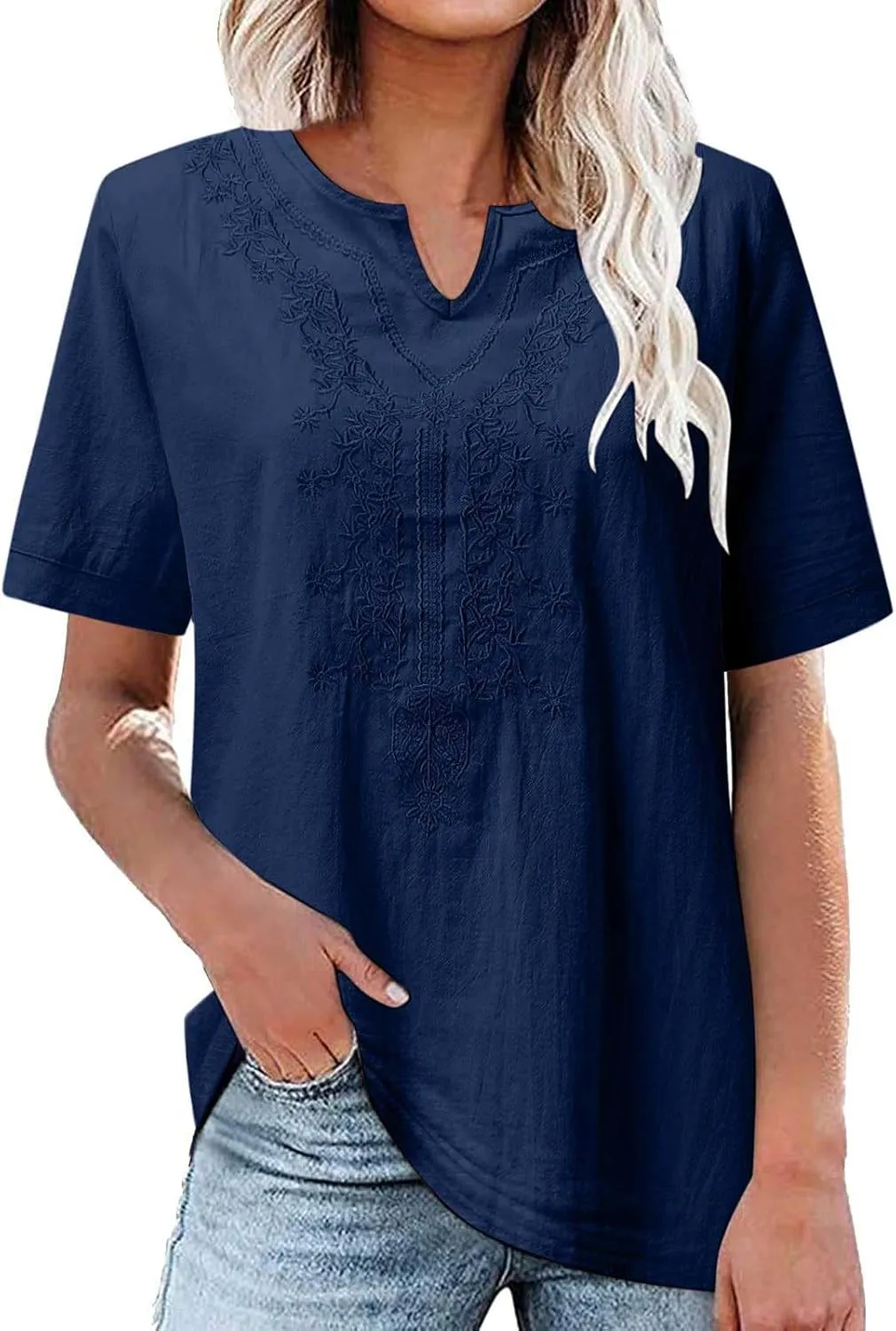 Women's Embroidered Blouse Cotton Linen Short Sleeve Peasant Boho Tunic Tops Casual Notch V Neck Loose Fit T-Shirts