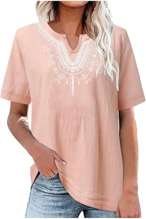 Women's Embroidered Blouses Cotton Linen Short Sleeve Peasant Boho Tunic Tops Casual Notch V Neck Loose Fit T-Shirt
