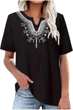 Women's Embroidered Blouses Cotton Linen Short Sleeve Peasant Boho Tunic Tops Casual Notch V Neck Loose Fit T-Shirt