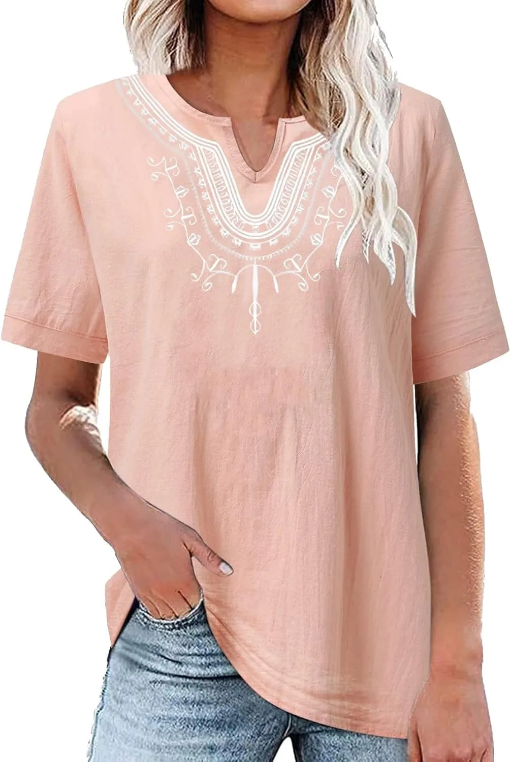 Women's Embroidered Blouses Cotton Linen Short Sleeve Peasant Boho Tunic Tops Casual Notch V Neck Loose Fit T-Shirt