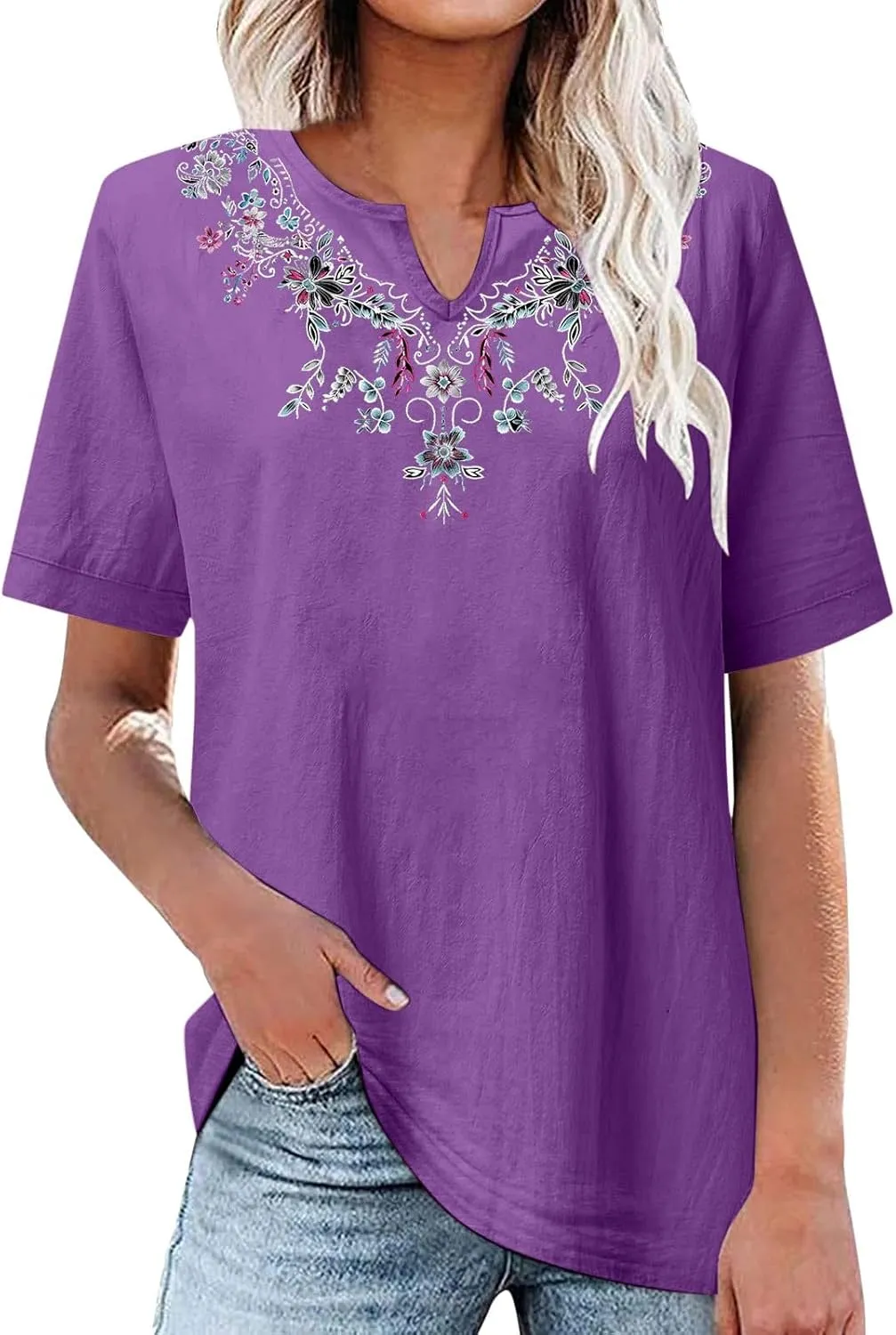 Women's Embroidered Blouses Cotton Linen Short Sleeve Peasant Boho Tunic Tops Casual Notch V Neck Loose Fit T-Shirt