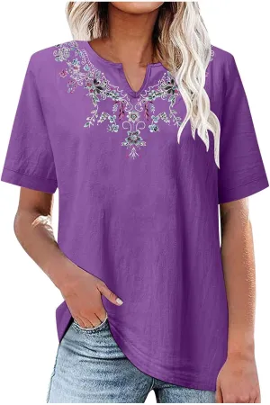 Women's Embroidered Blouses Cotton Linen Short Sleeve Peasant Boho Tunic Tops Casual Notch V Neck Loose Fit T-Shirt