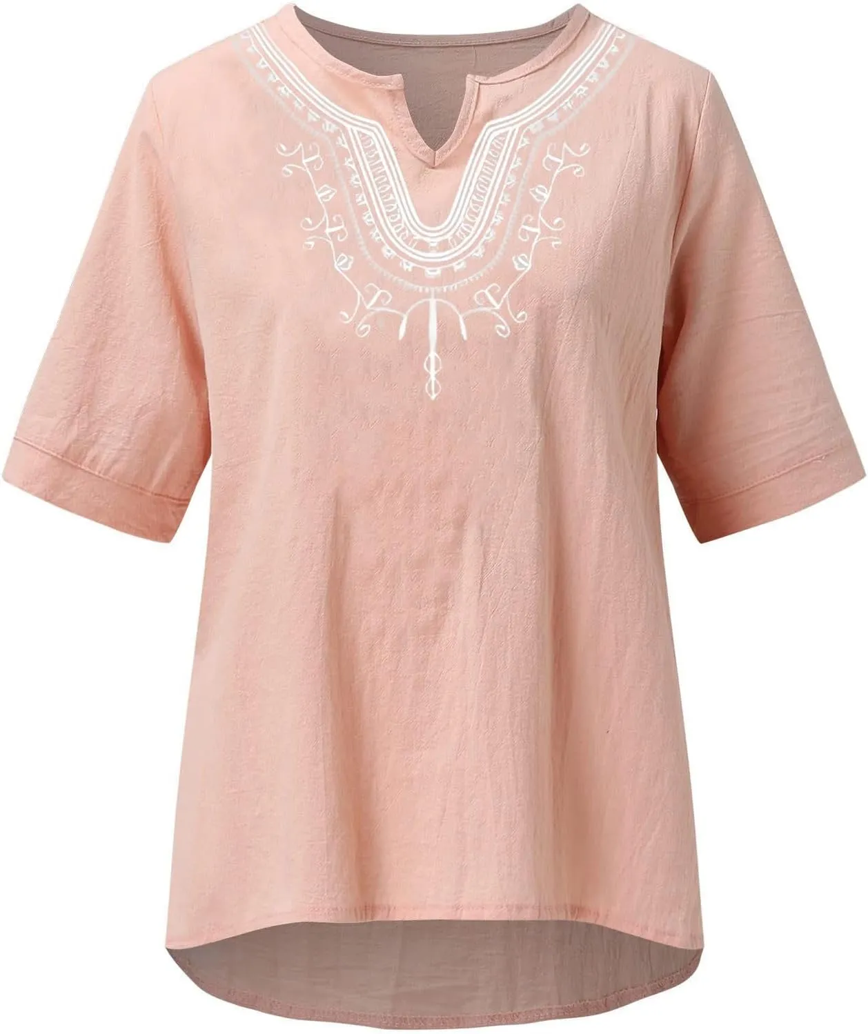 Women's Embroidered Blouses Cotton Linen Short Sleeve Peasant Boho Tunic Tops Casual Notch V Neck Loose Fit T-Shirt