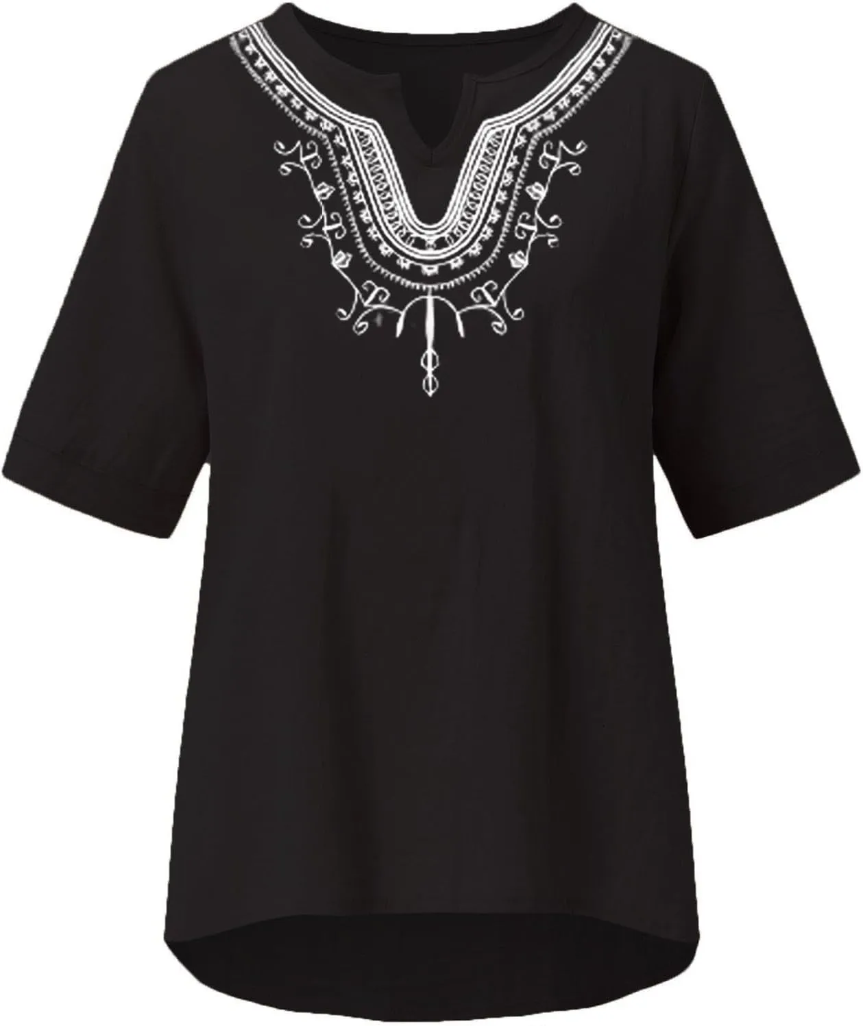 Women's Embroidered Blouses Cotton Linen Short Sleeve Peasant Boho Tunic Tops Casual Notch V Neck Loose Fit T-Shirt