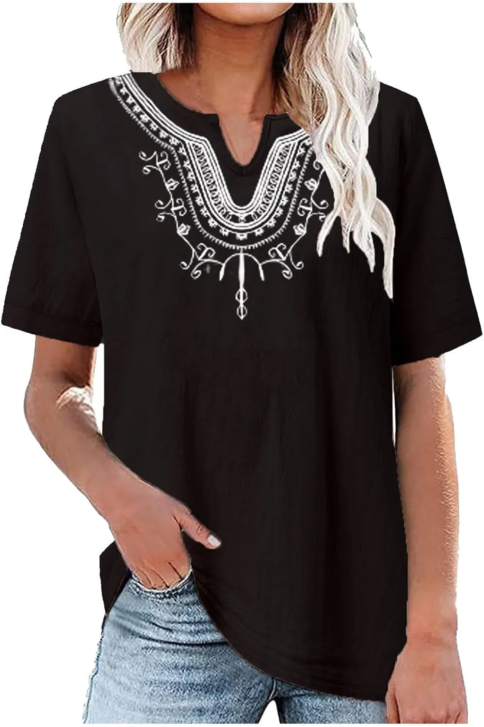 Women's Embroidered Blouses Cotton Linen Short Sleeve Peasant Boho Tunic Tops Casual Notch V Neck Loose Fit T-Shirt