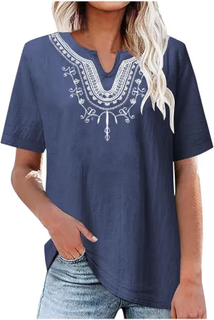 Women's Embroidered Blouses Cotton Linen Short Sleeve Peasant Boho Tunic Tops Casual Notch V Neck Loose Fit T-Shirt