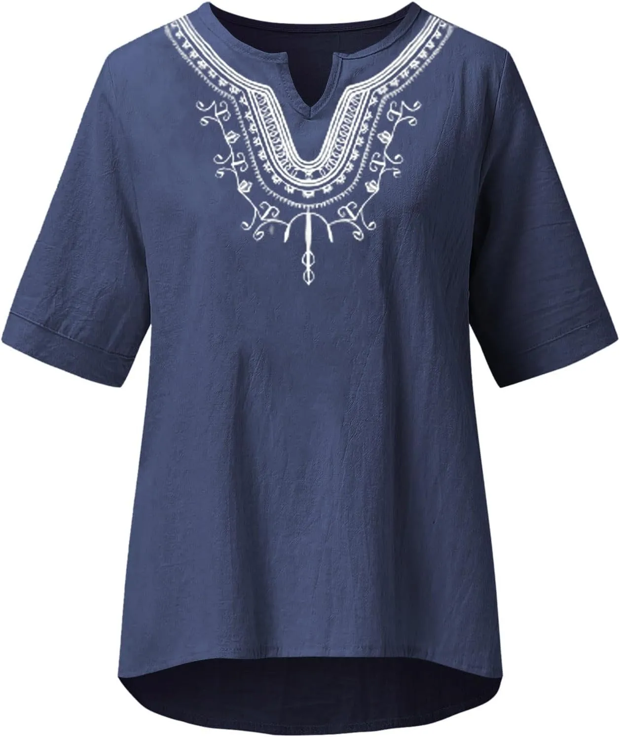 Women's Embroidered Blouses Cotton Linen Short Sleeve Peasant Boho Tunic Tops Casual Notch V Neck Loose Fit T-Shirt
