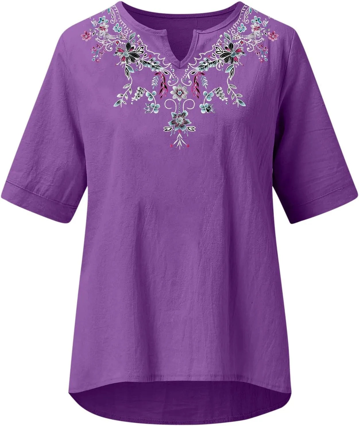 Women's Embroidered Blouses Cotton Linen Short Sleeve Peasant Boho Tunic Tops Casual Notch V Neck Loose Fit T-Shirt