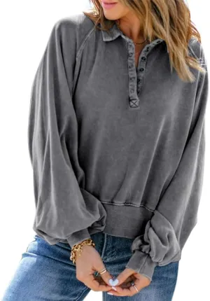 Womens Half Button Up Oversized Cropped Sweatshirt Lantern Long Sleeve Henley Shirts Casual Collared Shirts