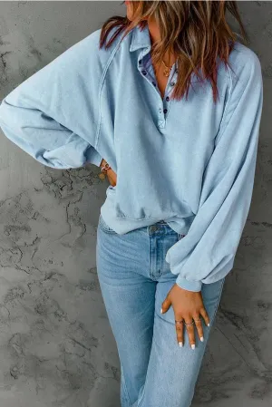 Womens Half Button Up Oversized Cropped Sweatshirt Lantern Long Sleeve Henley Shirts Casual Collared Shirts
