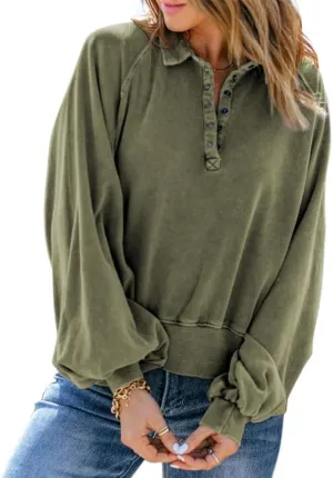 Womens Half Button Up Oversized Cropped Sweatshirt Lantern Long Sleeve Henley Shirts Casual Collared Shirts