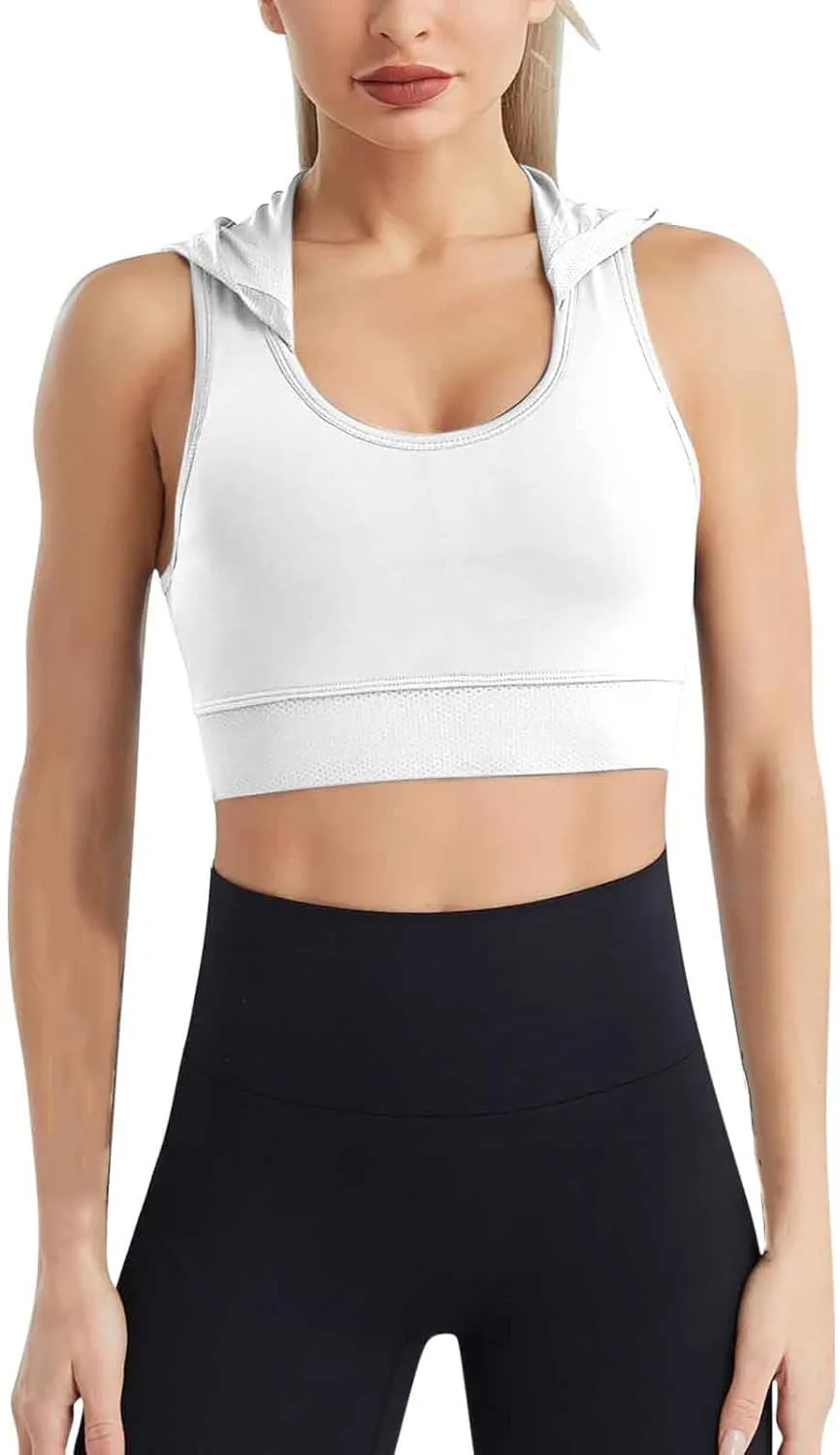 Womens Hooded Sports Bras High Impact Strappy Racerback Wireless Sexy Cropped Top Padded Workout Yoga Tank Tops