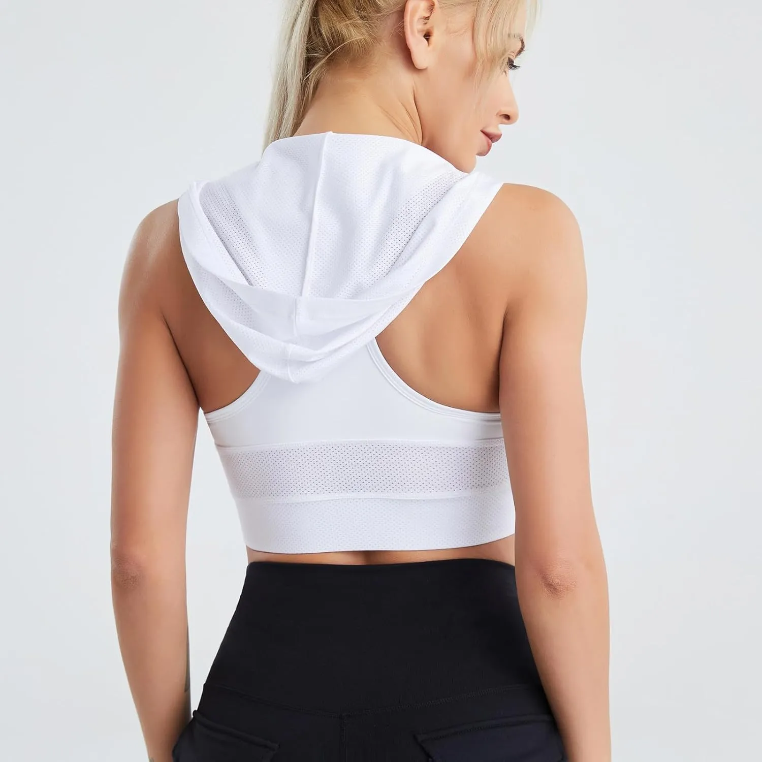 Womens Hooded Sports Bras High Impact Strappy Racerback Wireless Sexy Cropped Top Padded Workout Yoga Tank Tops
