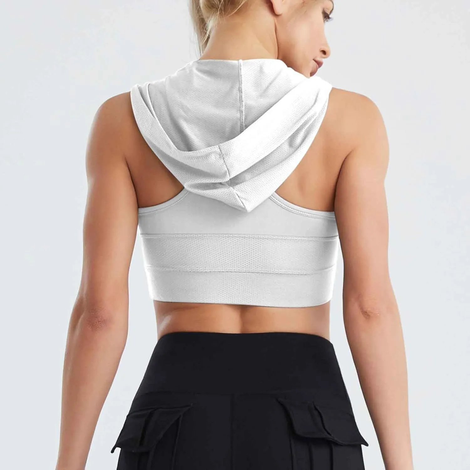 Womens Hooded Sports Bras High Impact Strappy Racerback Wireless Sexy Cropped Top Padded Workout Yoga Tank Tops