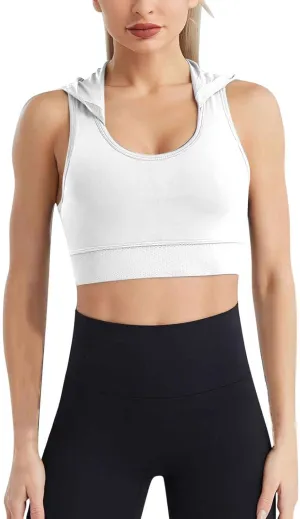 Womens Hooded Sports Bras High Impact Strappy Racerback Wireless Sexy Cropped Top Padded Workout Yoga Tank Tops