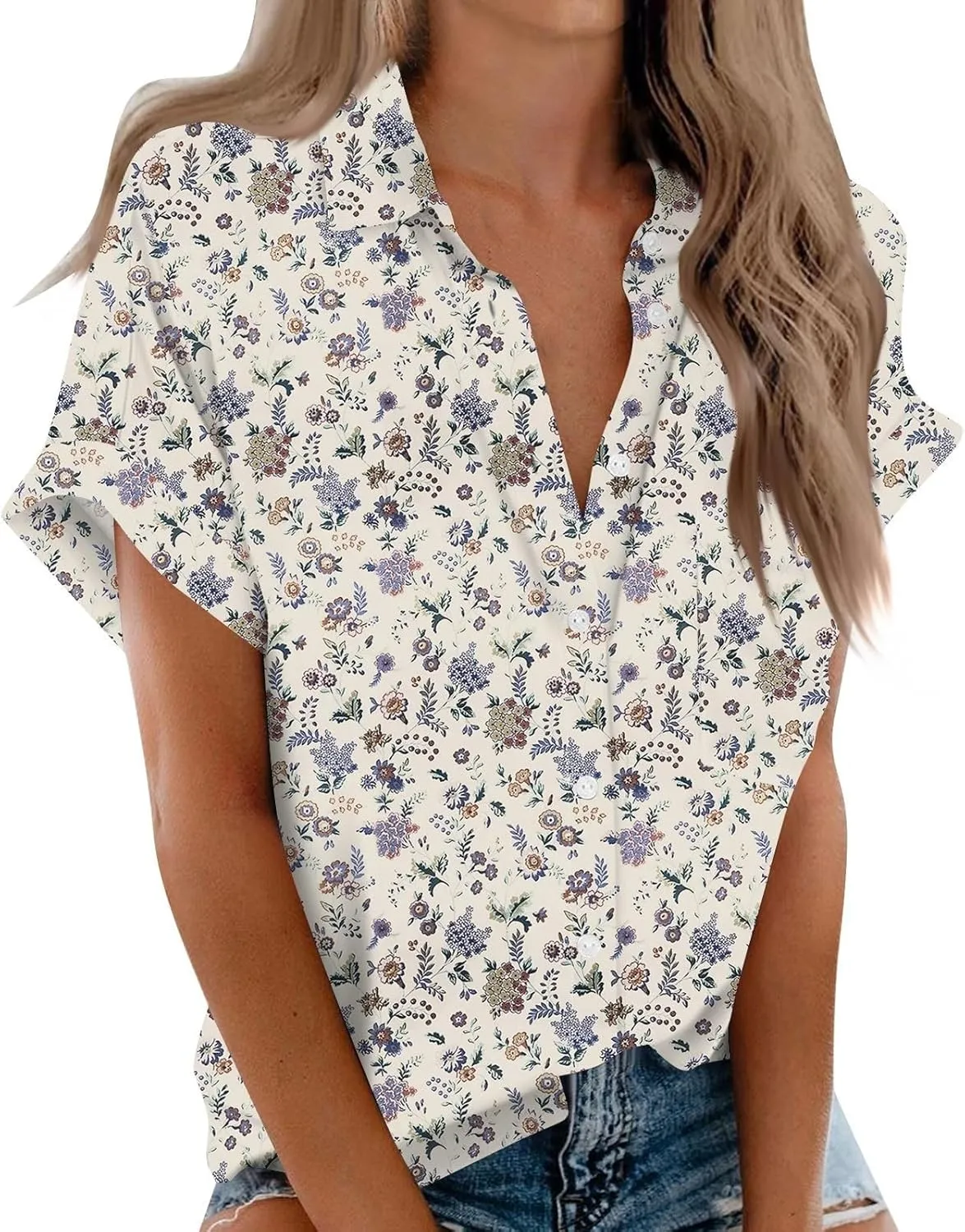 Womens Linen Blouses Floral Short Sleeve Collared Shirts Oversized Button Down V Neck Casual Work Tops
