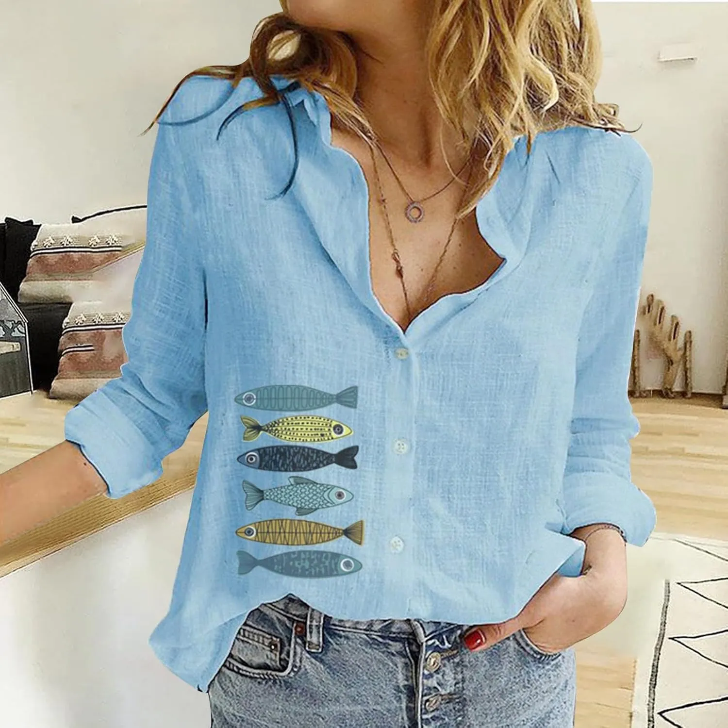 Womens Linen Blouses Floral Short Sleeve Collared Shirts Oversized Button Down V Neck Casual Work Tops