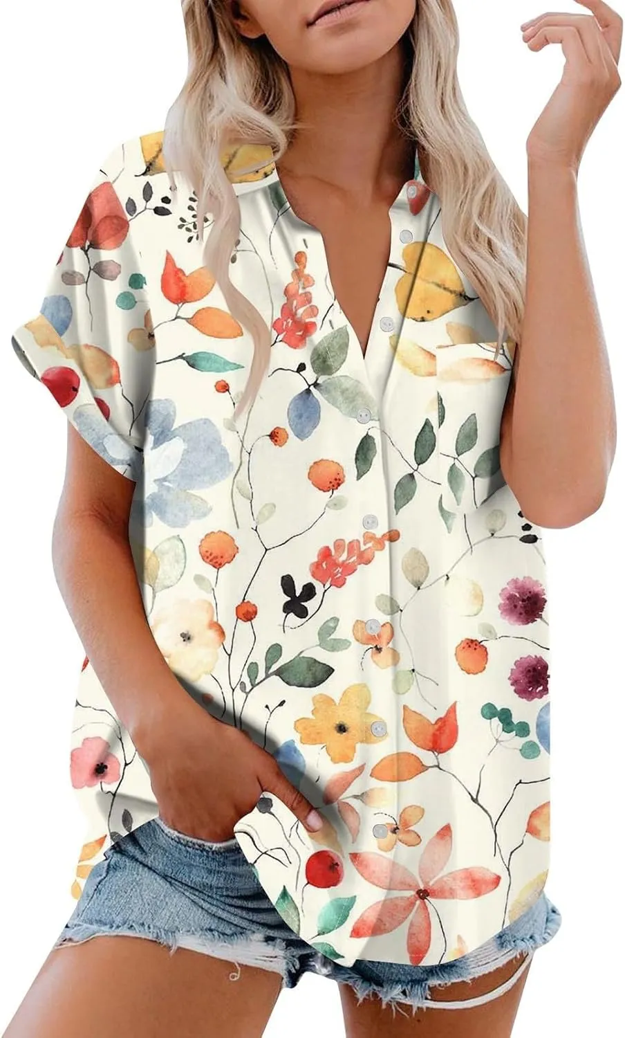 Womens Linen Blouses Floral Short Sleeve Collared Shirts Oversized Button Down V Neck Casual Work Tops