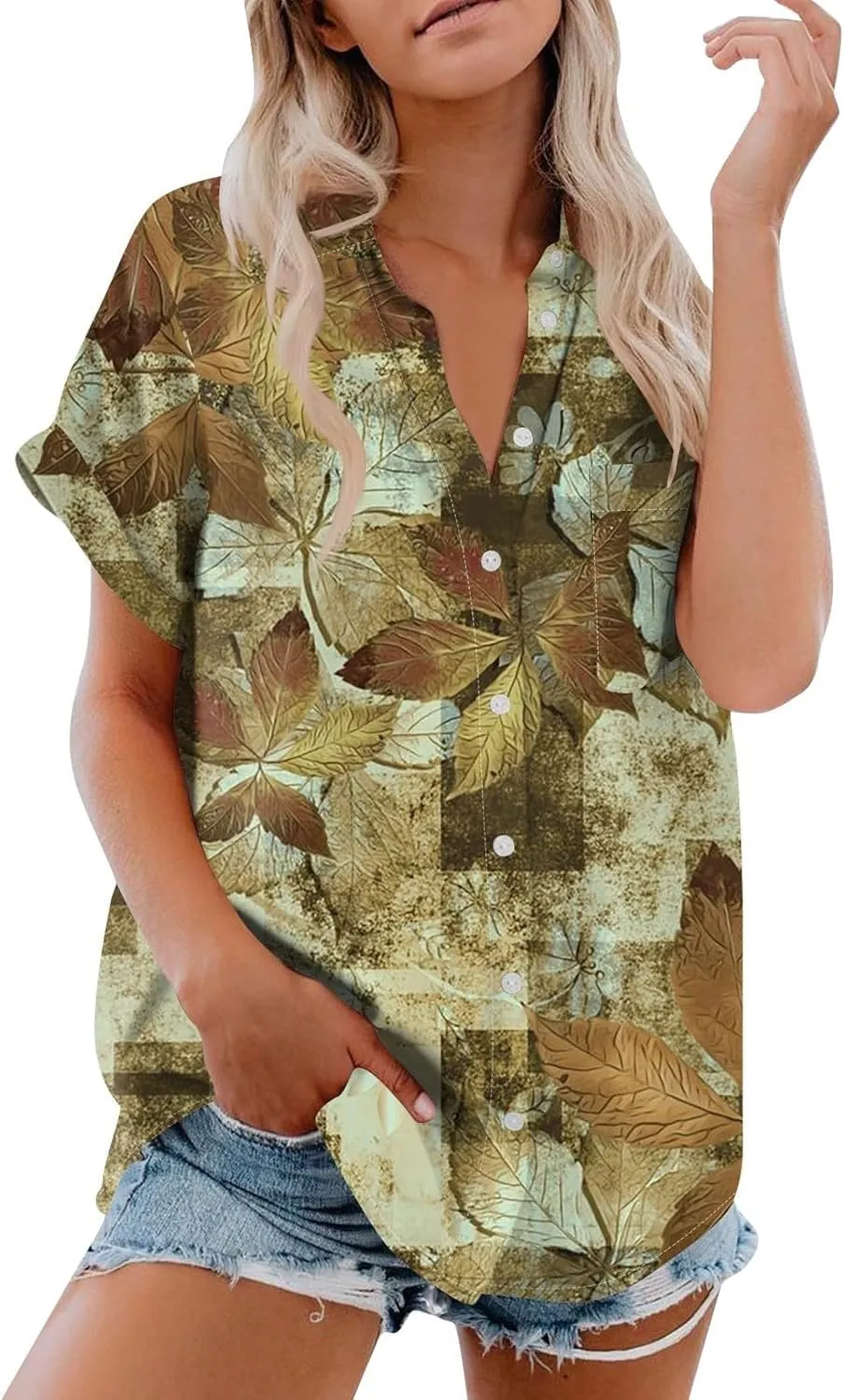Womens Linen Blouses Floral Short Sleeve Collared Shirts Oversized Button Down V Neck Casual Work Tops
