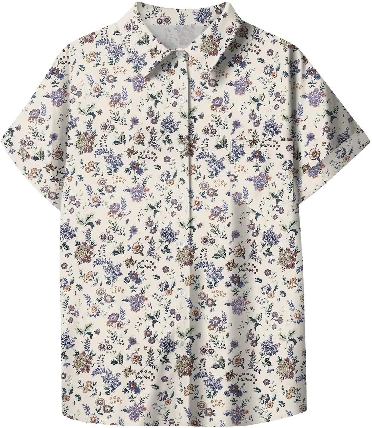 Womens Linen Blouses Floral Short Sleeve Collared Shirts Oversized Button Down V Neck Casual Work Tops