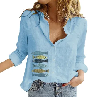 Womens Linen Blouses Floral Short Sleeve Collared Shirts Oversized Button Down V Neck Casual Work Tops