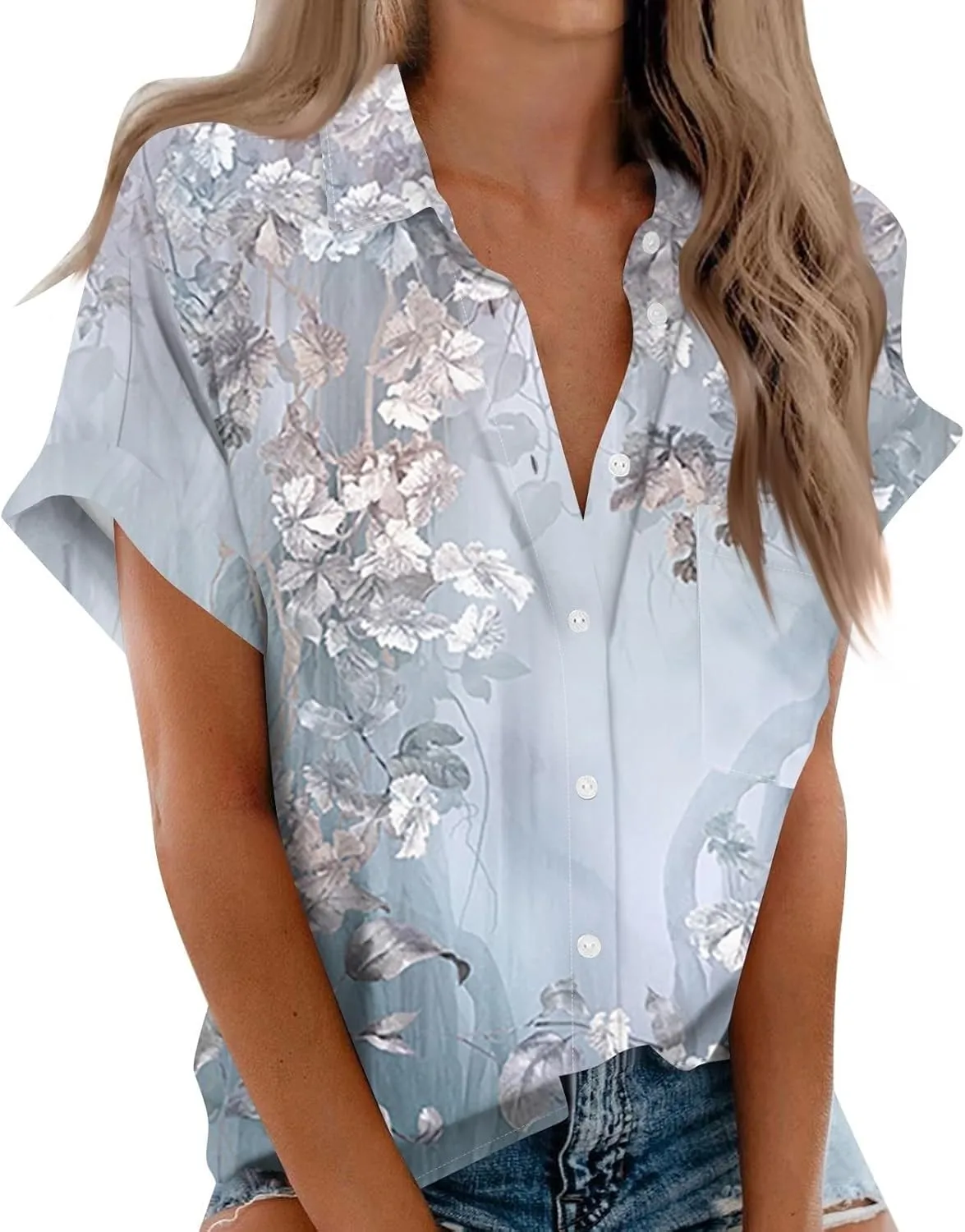 Womens Linen Blouses Floral Short Sleeve Collared Shirts Oversized Button Down V Neck Casual Work Tops
