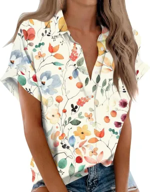 Womens Linen Blouses Floral Short Sleeve Collared Shirts Oversized Button Down V Neck Casual Work Tops