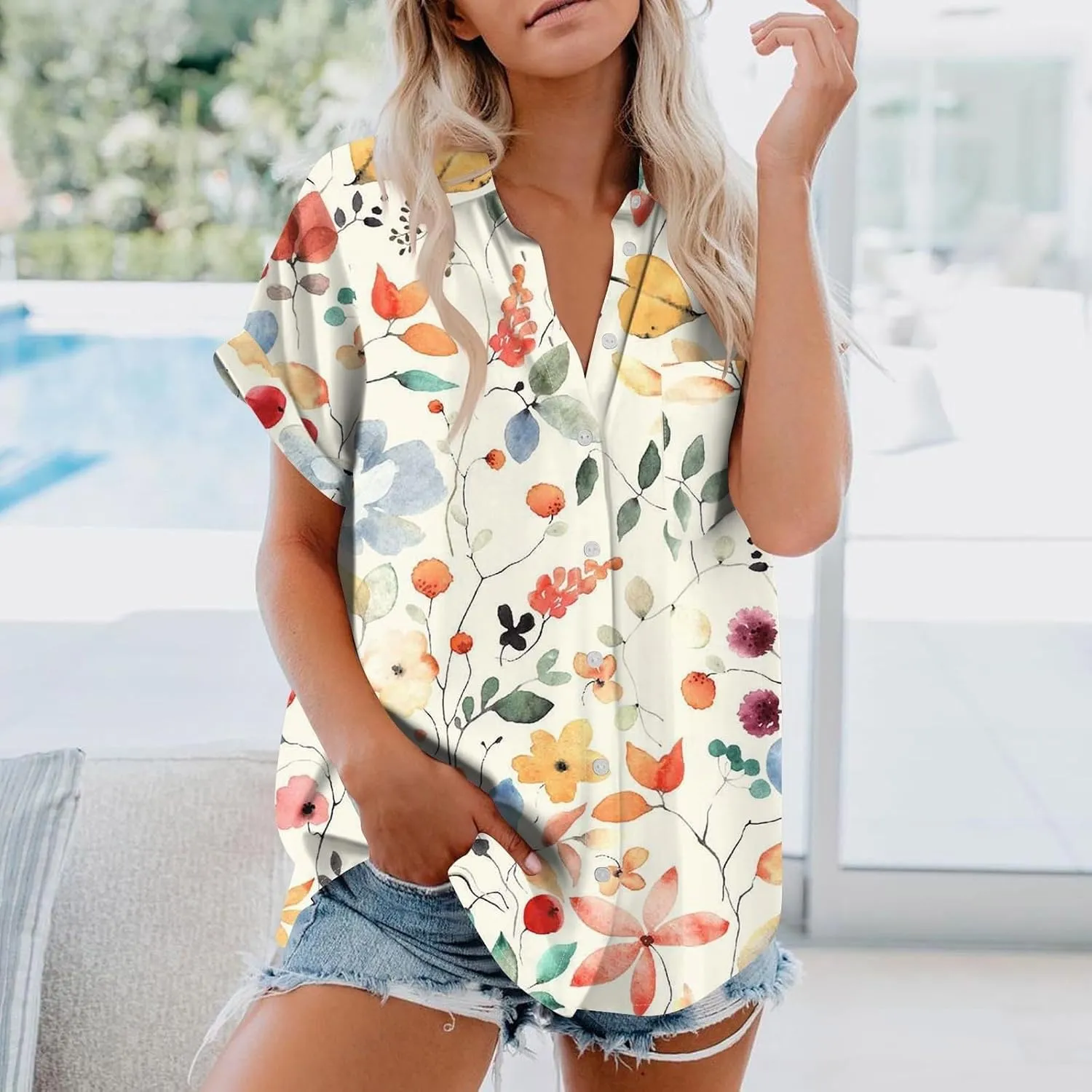 Womens Linen Blouses Floral Short Sleeve Collared Shirts Oversized Button Down V Neck Casual Work Tops