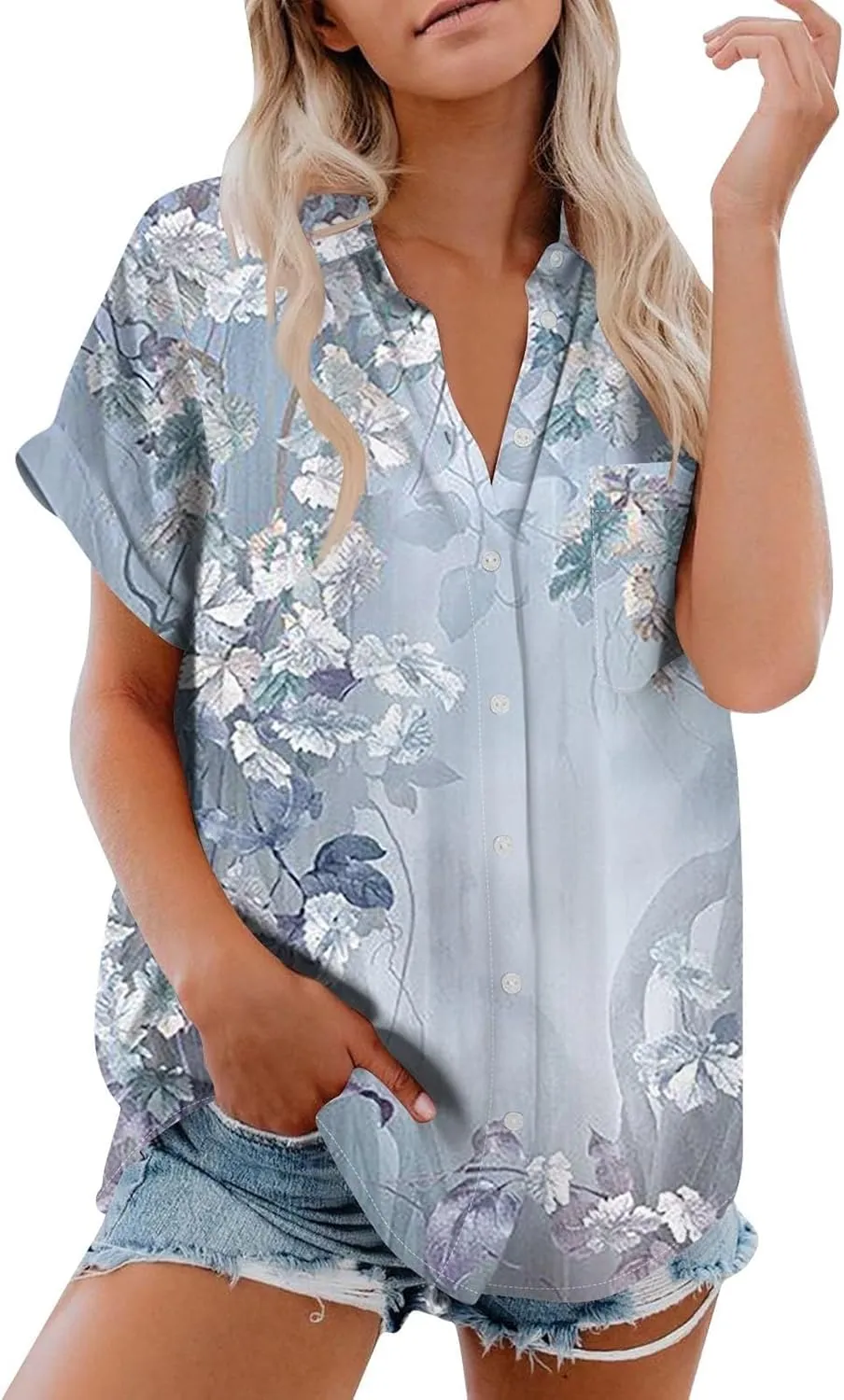 Womens Linen Blouses Floral Short Sleeve Collared Shirts Oversized Button Down V Neck Casual Work Tops