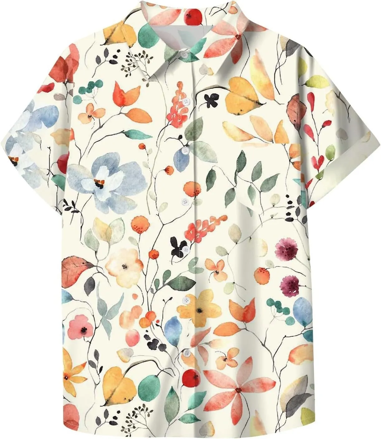 Womens Linen Blouses Floral Short Sleeve Collared Shirts Oversized Button Down V Neck Casual Work Tops