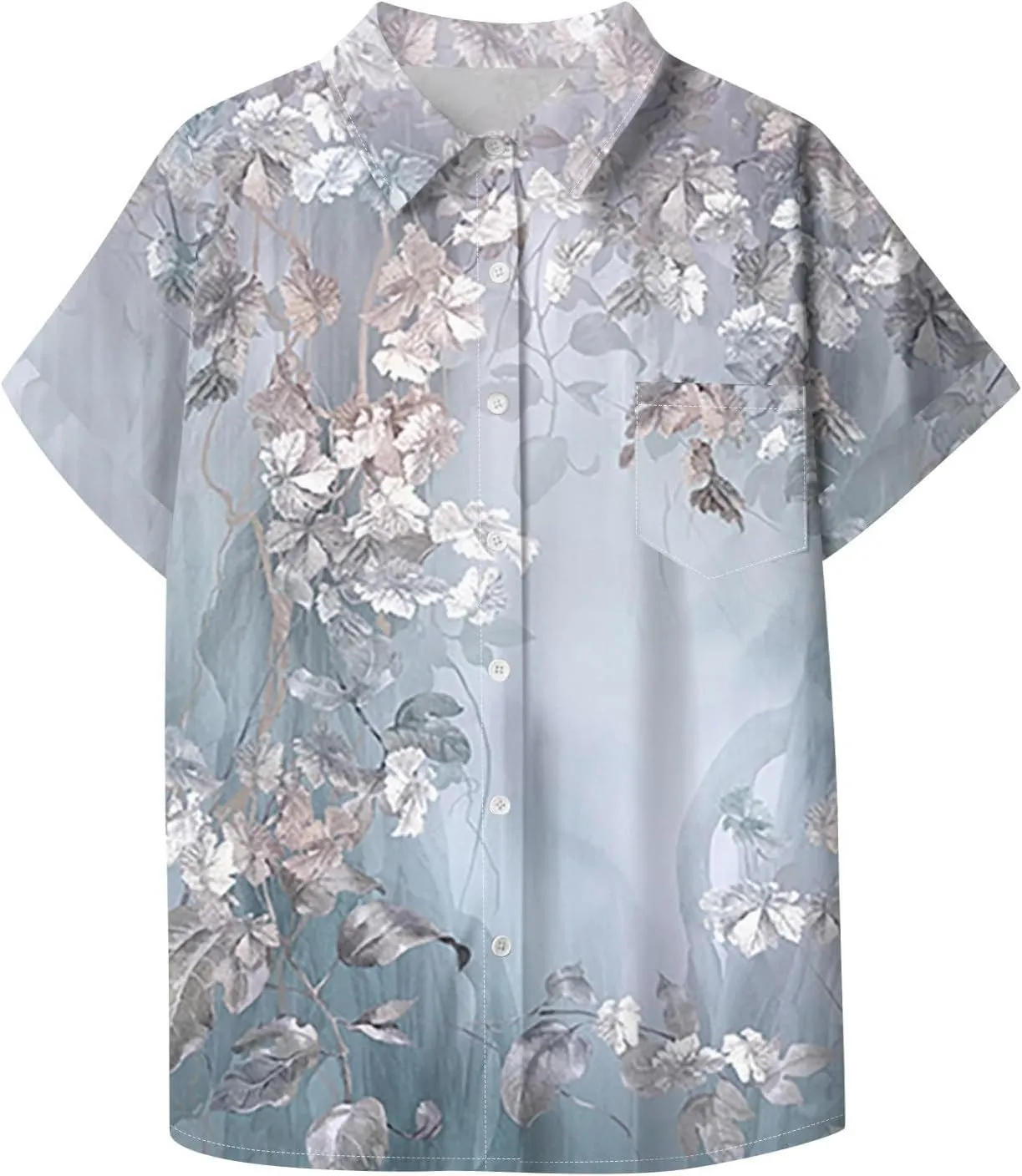 Womens Linen Blouses Floral Short Sleeve Collared Shirts Oversized Button Down V Neck Casual Work Tops