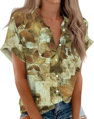 Womens Linen Blouses Floral Short Sleeve Collared Shirts Oversized Button Down V Neck Casual Work Tops