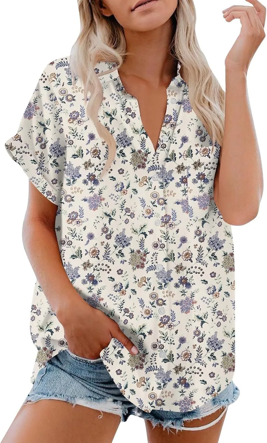 Womens Linen Blouses Floral Short Sleeve Collared Shirts Oversized Button Down V Neck Casual Work Tops