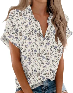 Womens Linen Blouses Floral Short Sleeve Collared Shirts Oversized Button Down V Neck Casual Work Tops