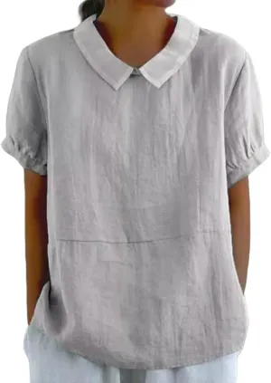 Women's Linen Clothes 2025 Short Sleeve Summer Tops Casual Lightweight Collared Shirts for Work Blouse Vintage