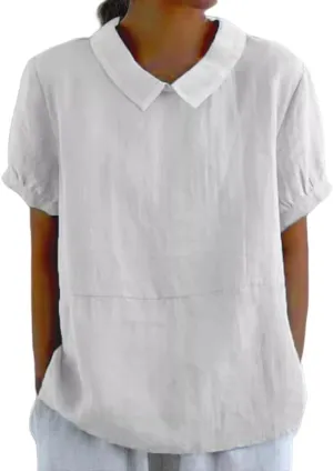 Women's Linen Clothes 2025 Short Sleeve Summer Tops Casual Lightweight Collared Shirts for Work Blouse Vintage
