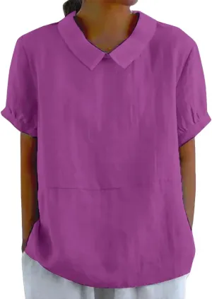 Women's Linen Clothes 2025 Short Sleeve Summer Tops Casual Lightweight Collared Shirts for Work Blouse Vintage