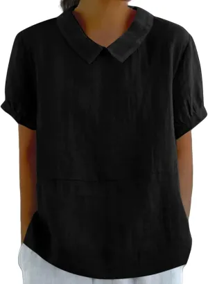 Women's Linen Clothes 2025 Short Sleeve Summer Tops Casual Lightweight Collared Shirts for Work Blouse Vintage
