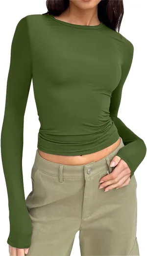Womens Long Sleeve Shirts 2024 Basic Crop Tops Fashion Slim Fit Y2k Workout Clothes Crew Neck Stretch Tshirt Outfits
