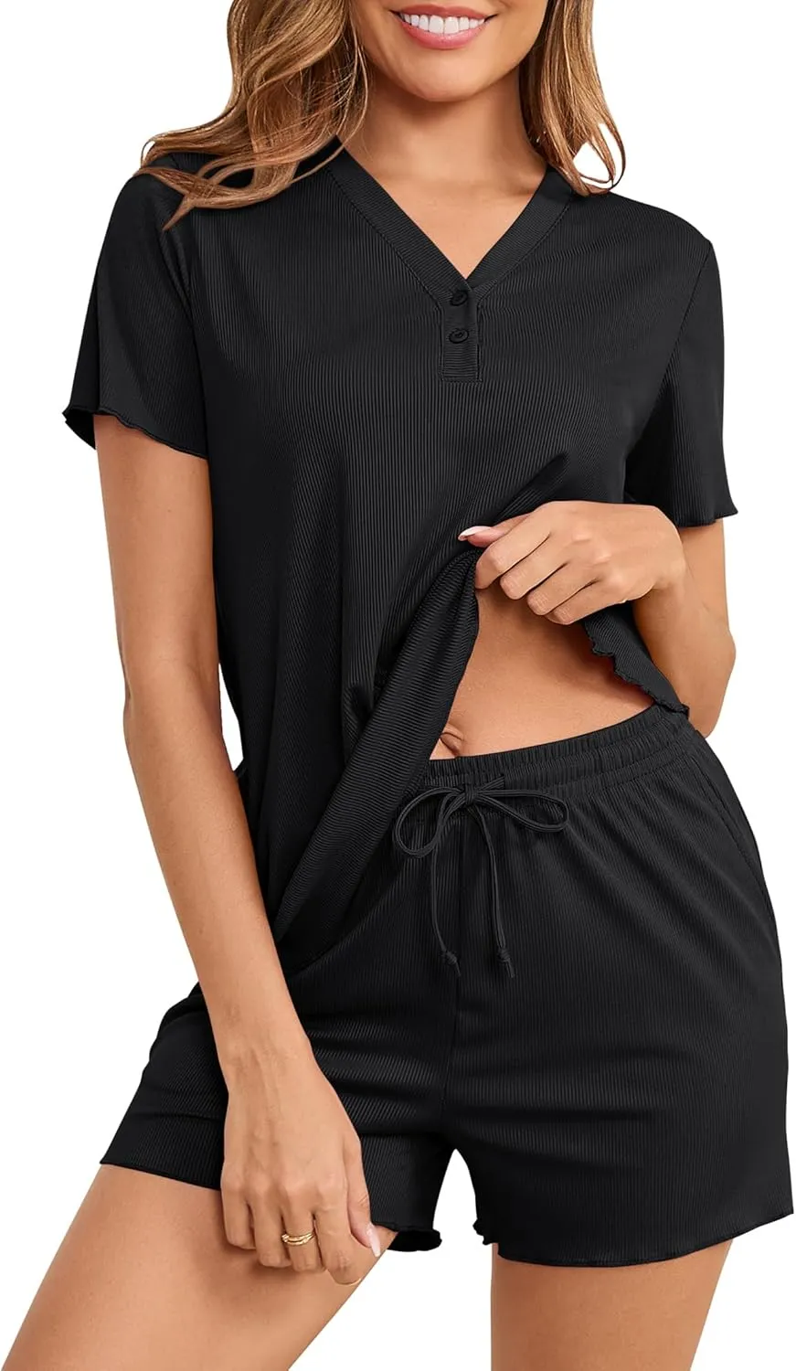 Womens Pajama Sets Ribbed Knit 2 Piece Lounge Set Loungewear Pj Sets V Neck Short Sleeve Top and Shorts with Pocket