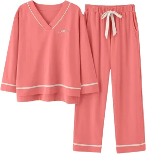 Women's Pajama Sets V-Neck Sleepwear Drawstring Pants Suit Casual Lightweight Tracksuits Loungewear with Pockets