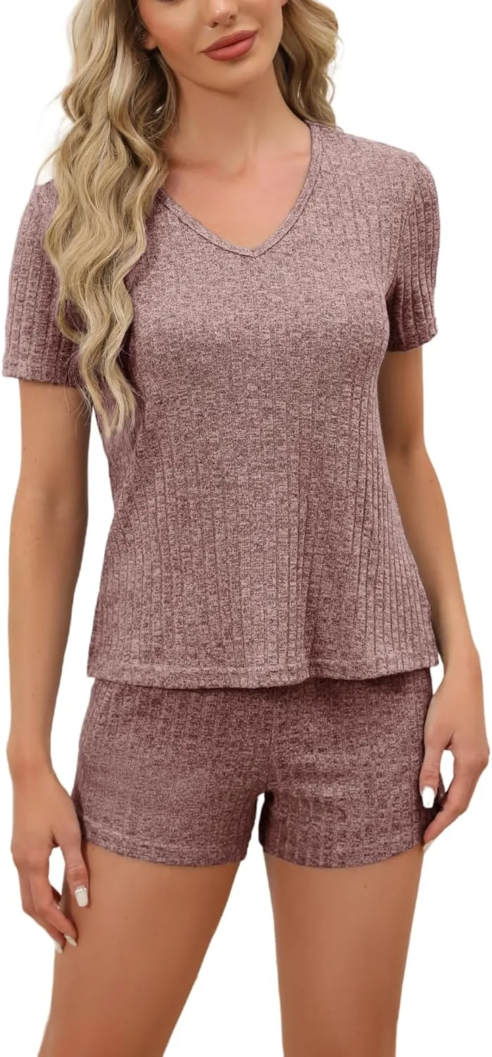Women's Pajamas Sets Ribbed Knit Lounge Set Loungewear Top and Shorts 2 Piece Outfits S-XXL