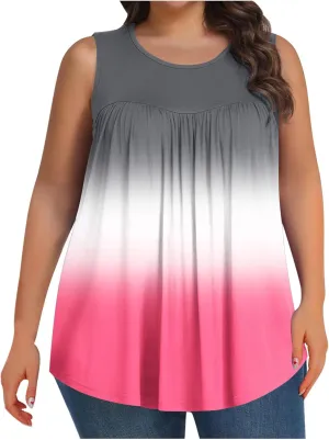 Womens Plus Size Tank Tops Summer Sleeveless Shirts Workout Basic Gradient Comfy Tanks Tee Tunics Flowy Pleated Blouse