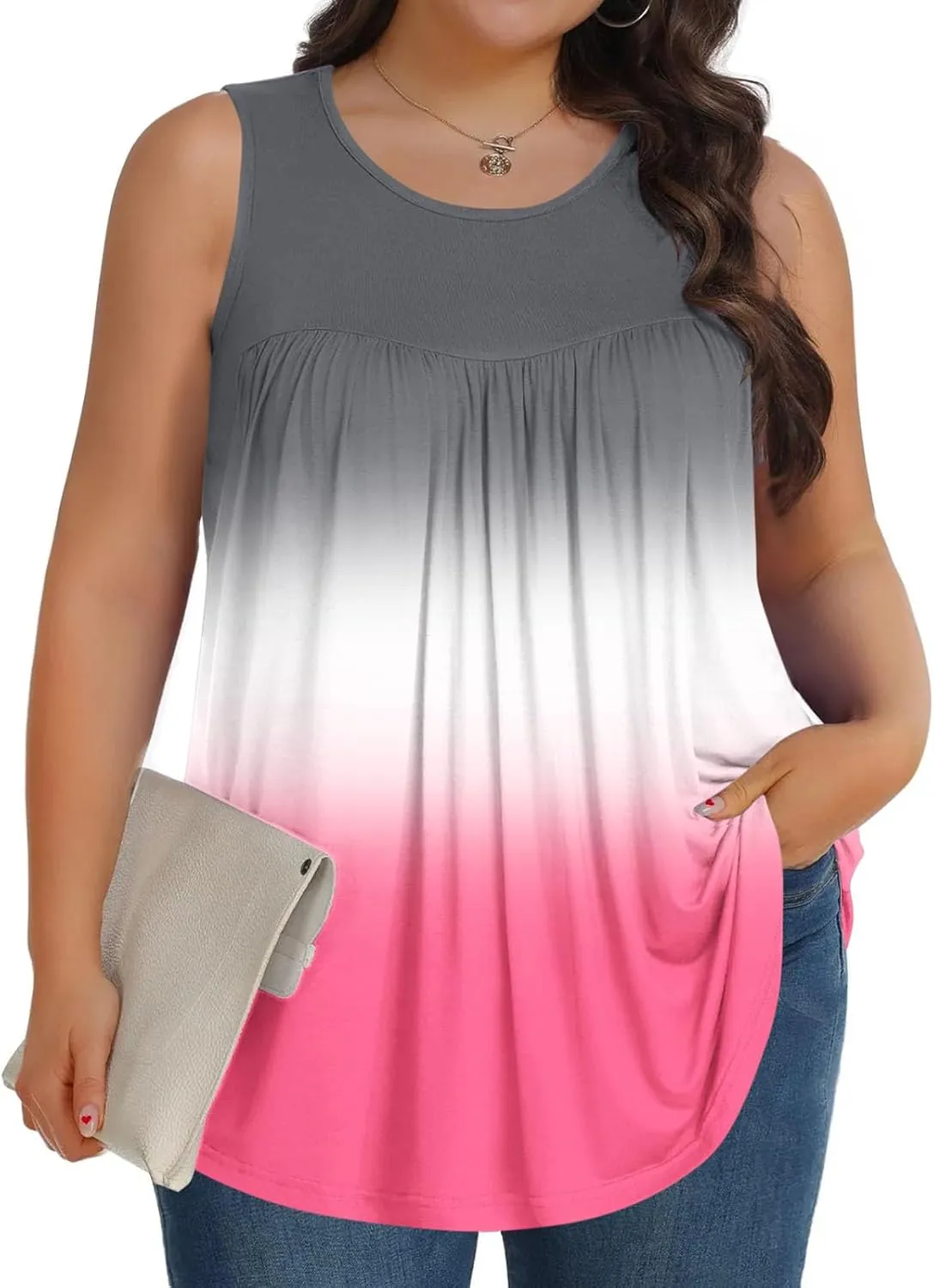 Womens Plus Size Tank Tops Summer Sleeveless Shirts Workout Basic Gradient Comfy Tanks Tee Tunics Flowy Pleated Blouse