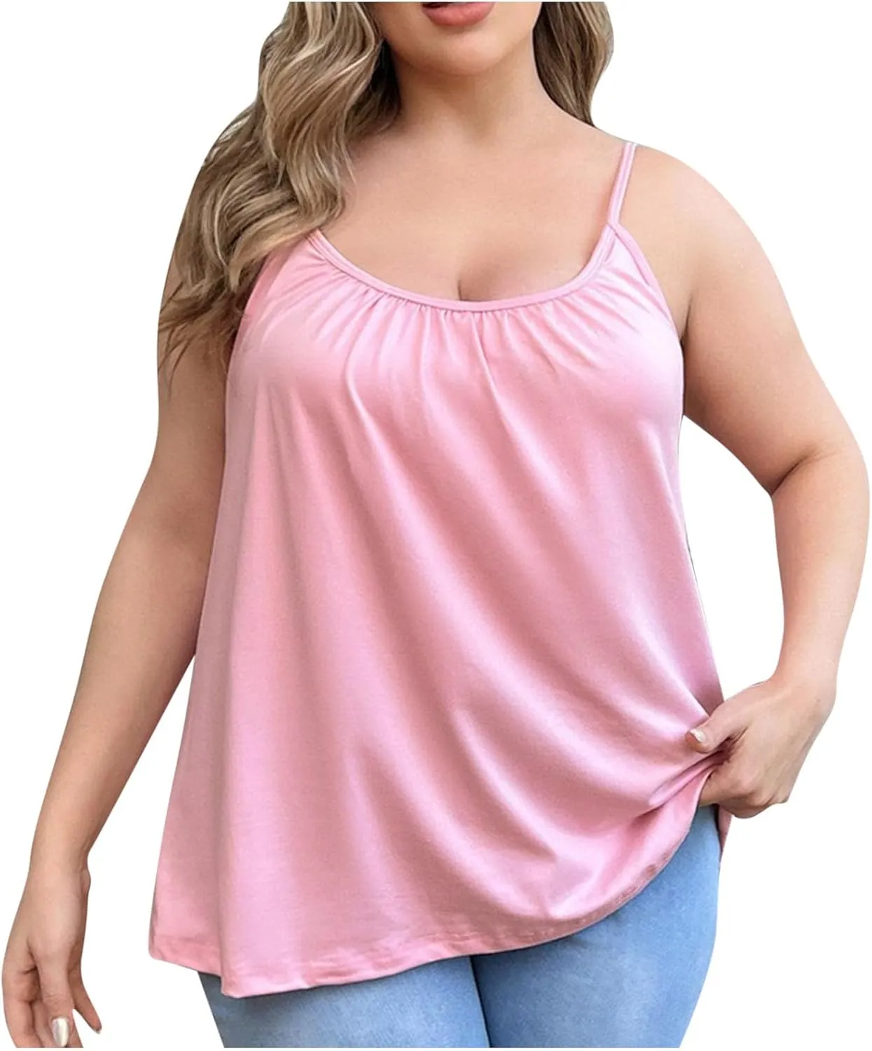 Women's Plus Size Tank Tops with Built in Bras Front Pleated U Neck Comfy Soft Laryered Shirts Comfy Undershirt